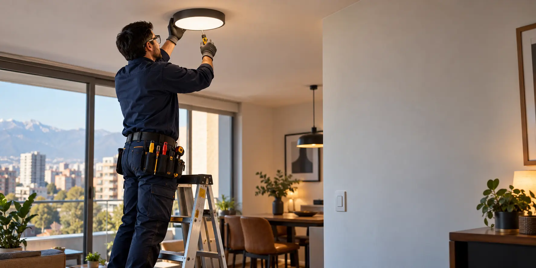 Técnico electricista instalando una luminaria LED en una vivienda de Santiago